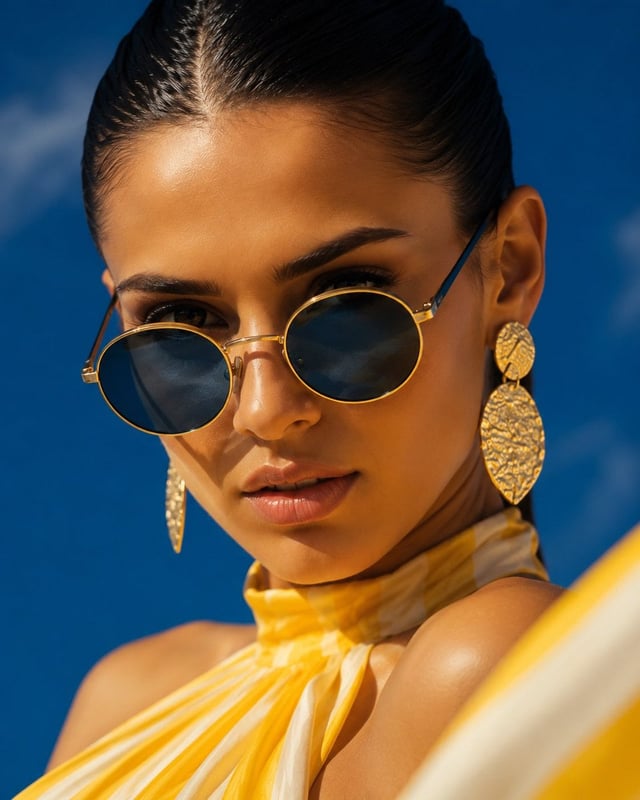Wide dramatic fashion shot, woman in flowing yellow and white striped halter maxi dress, fabric viol