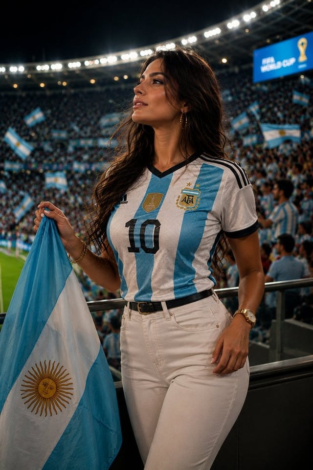 Ultra-realistic sports fashion editorial portrait of a stunning Argentinian woman with long, natural