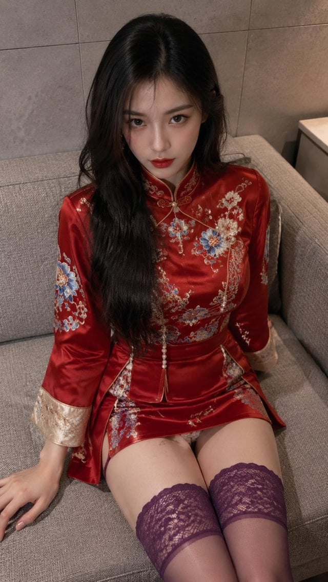 A young adult woman sits on a beige-grey woven sofa indoors, captured in a vertical 9:16 close socia