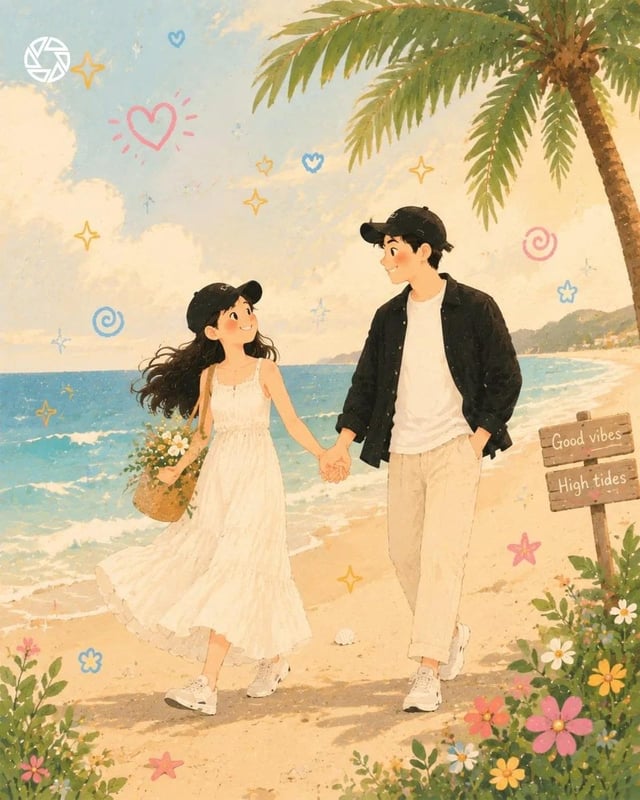 Transform the reference into a dreamy, whimsical, pastel-toned illustrated scene of a romantic coupl