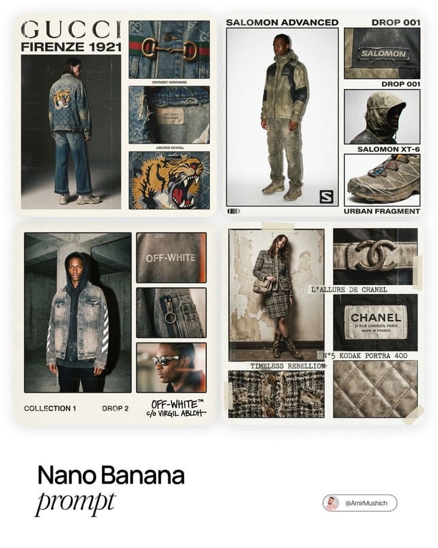 [BRAND NAME] fashion lookbook. Multi-panel collage grid on clean off-white background.