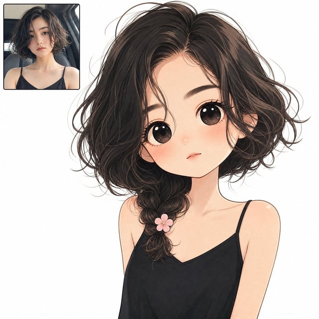 A full-bleed digital illustration of a cute minimalist chibi anime character with big dark eyes, blu