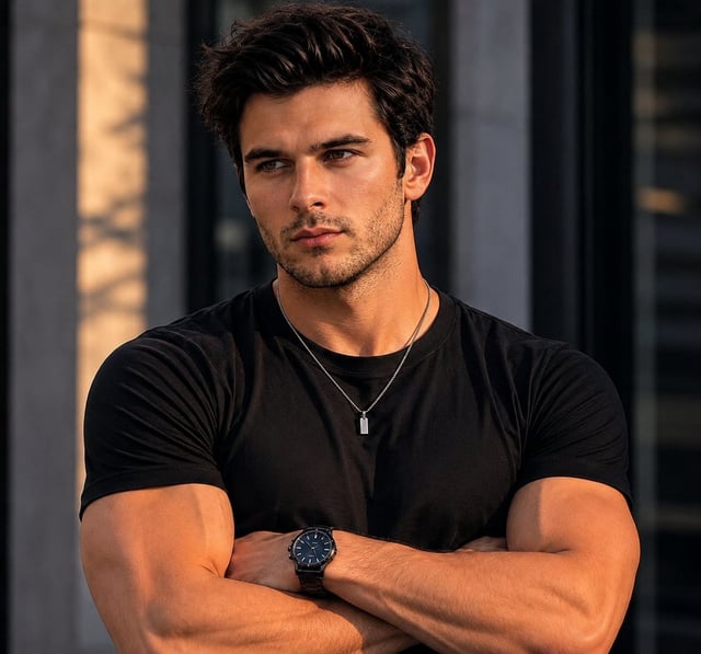 Ultra-realistic cinematic portrait of a handsome young man with thick, slightly tousled dark brown h