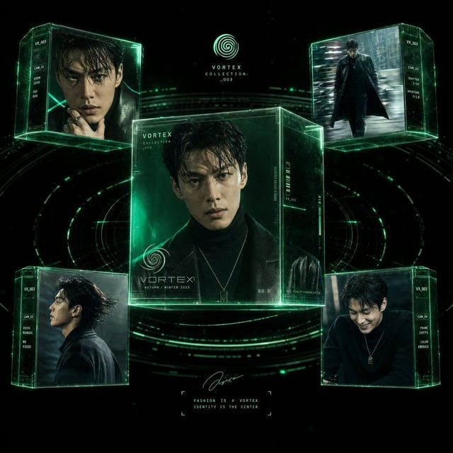 Hyper-realistic futuristic fashion editorial poster featuring a stylish East Asian male model presen