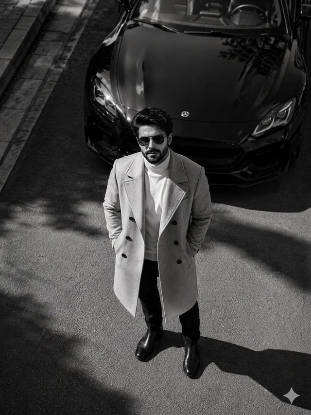 Ultra-luxury editorial fashion portrait, cinematic black-and-white photography, high-angle drone per