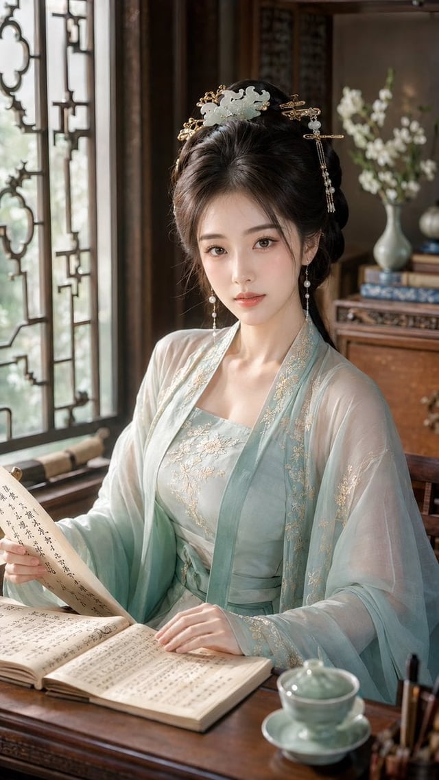 9:16 竖版，古风贵女明艳水光美妆特写，东方水光显妆贵女人像，半身近景构图，人物轻侧身回眸，从背部与肩部轻微转身看向镜头，回眸感明显。画面主体是一位明确成年的年轻东方女性，视觉年龄约 20–28 岁