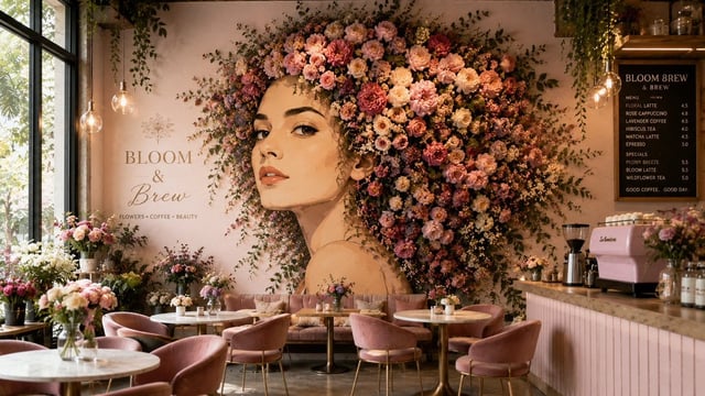 A beautifully designed [Theme] café featuring a monumental wall mural of a graceful [Subject] in [Po