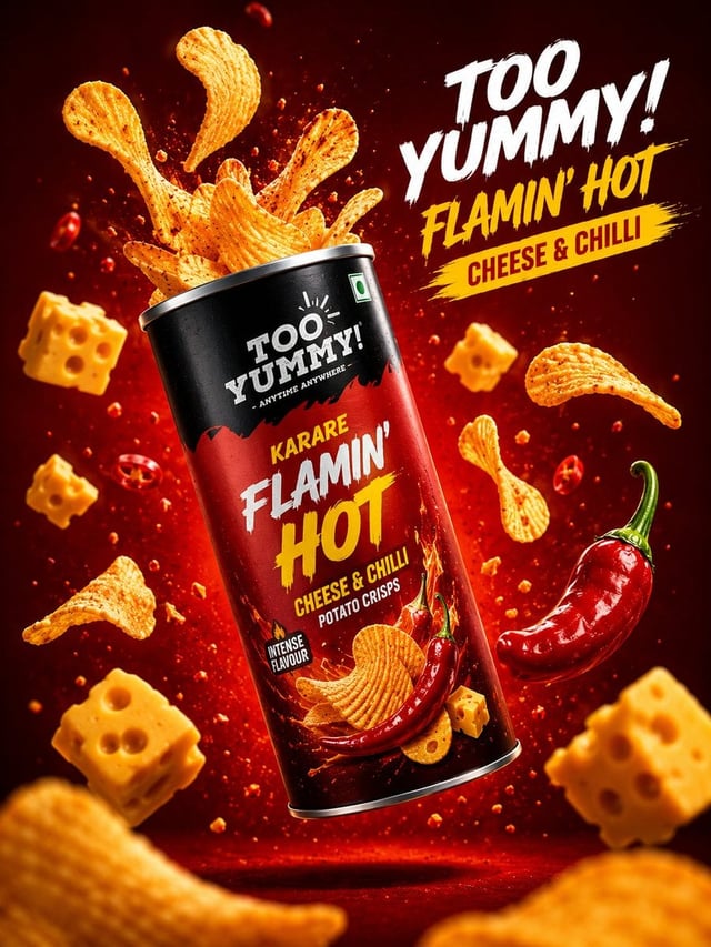 Create a premium commercial product advertisement featuring a floating can of Pringles Flame Extra H