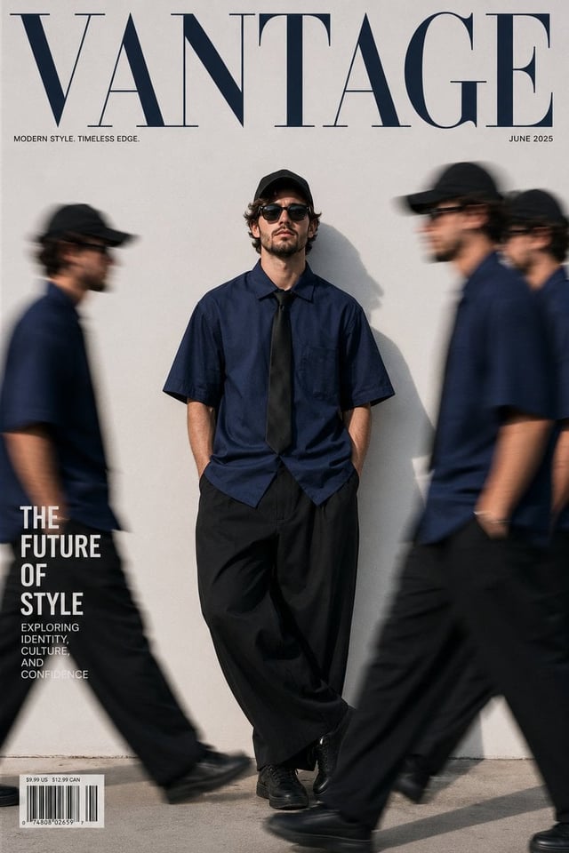 Ultra-realistic fashion magazine cover, minimalist streetwear editorial, young man standing against 