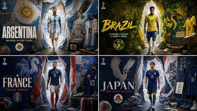 2x2 grid, do this for 4 iconic countries qualified for wc 2026, 16:9 input ::= [Team Or Country Set]