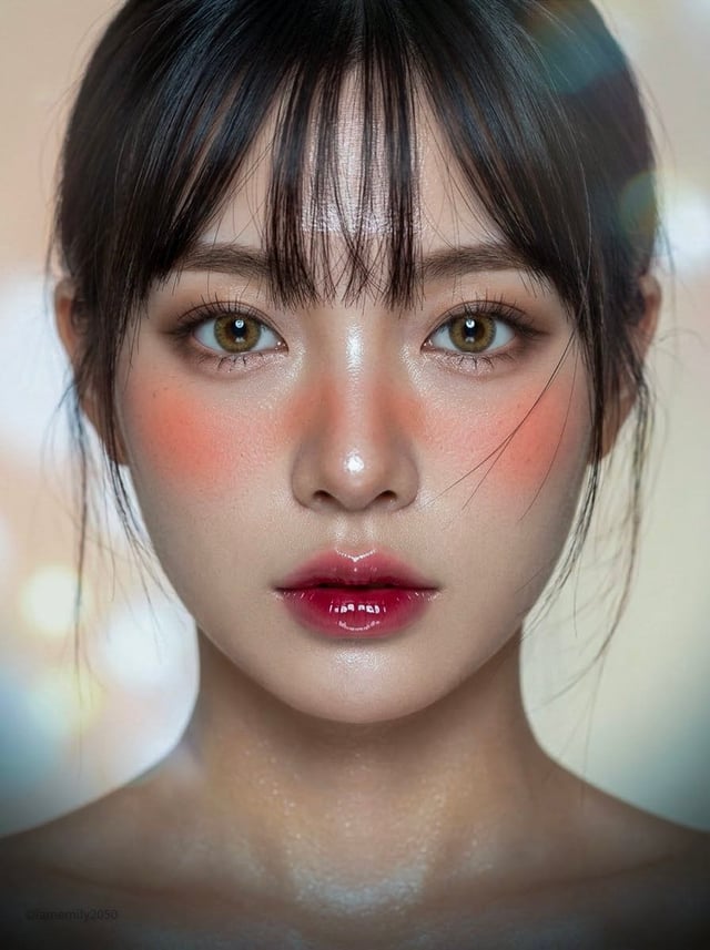 Beauty close up editorial, vertical, head and shoulders, lit by a large soft