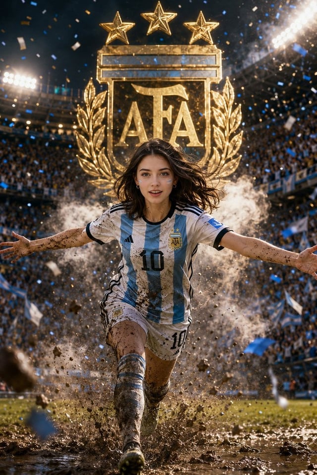 Epic Argentina football poster of a young female supporter sprinting toward the camera with arms out