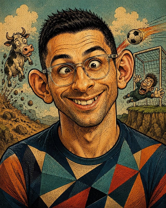 Vintage satirical magazine caricature portrait of [CHARACTER], shown as a complete head and upper-sh