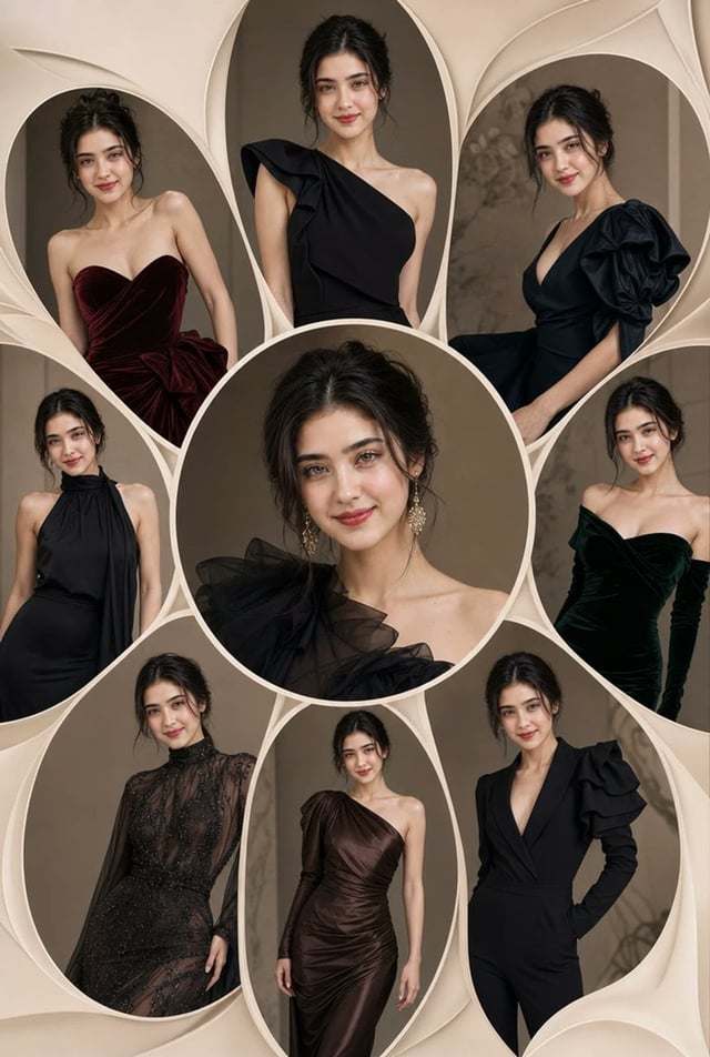 Ultra-photorealistic IMAX-quality luxury fashion editorial collage portrait, square 1:1 composition,