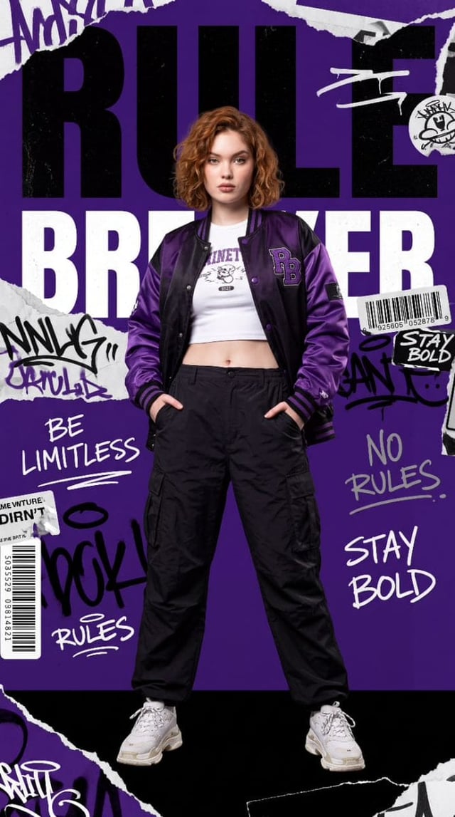 Create a high-fashion streetwear editorial poster featuring a stylish Korean woman (early 20s) with 