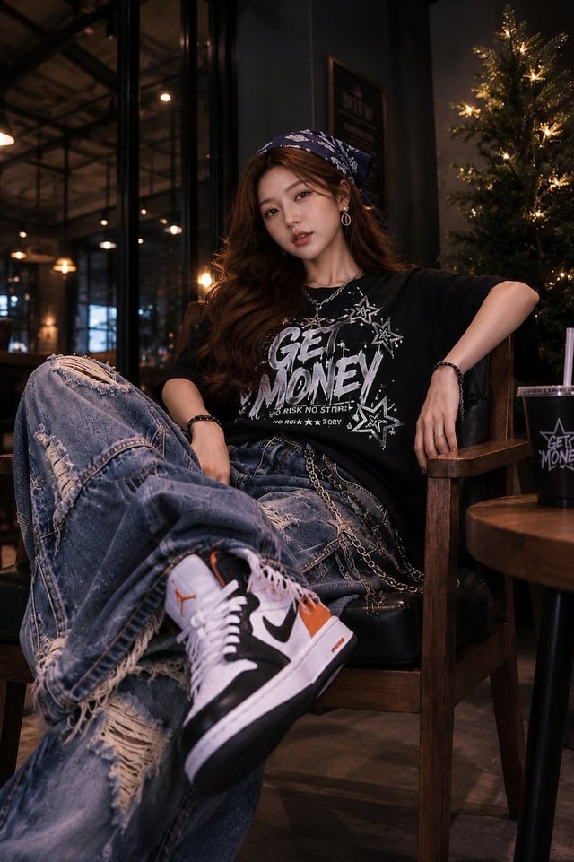 Prompt 1: Ultra-realistic fashion portrait of a stylish young woman relaxing in a premium café loung
