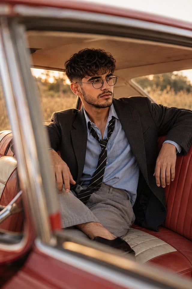 A cinematic lifestyle portrait of a stylish young man a refrence image relaxing inside the rear seat