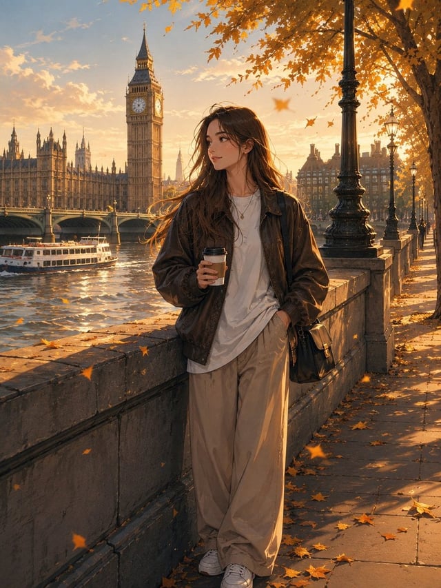Create a cinematic anime illustration of a beautiful young woman standing alone beside the River Tha