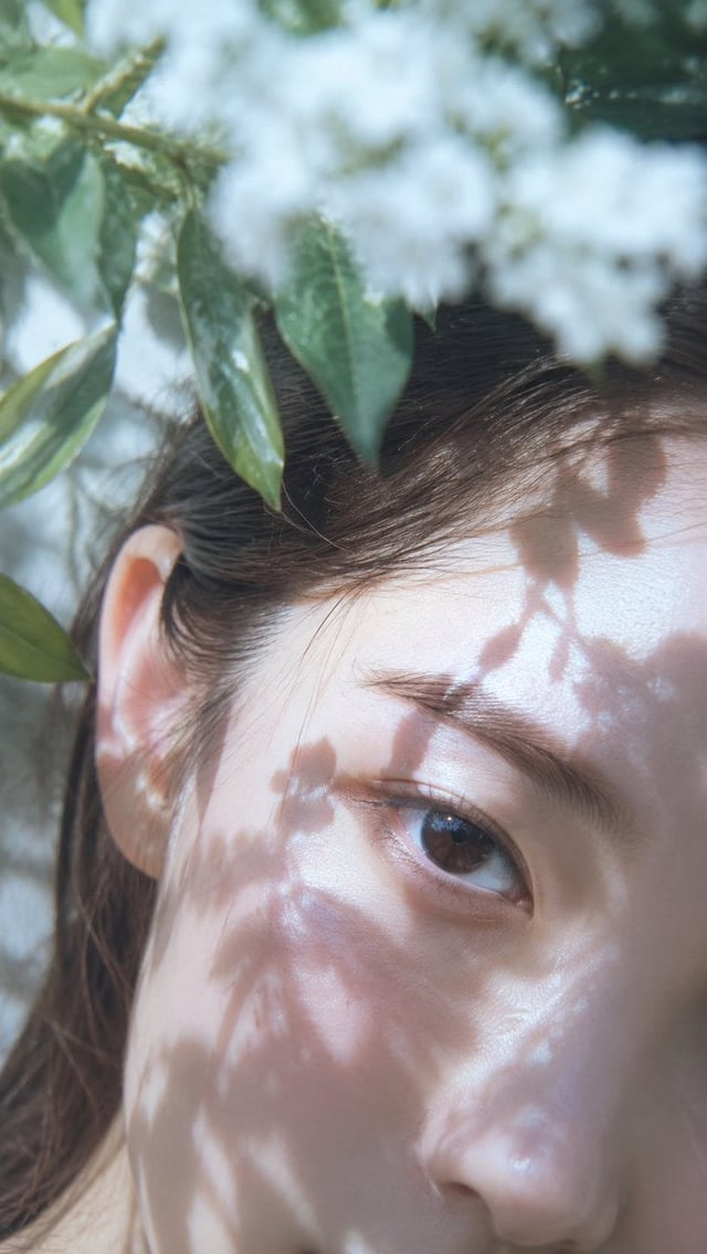 日系清新自然光人像特写，竖幅极近距离构图，女性面部斜向贴近镜头，只突出一只清澈湿润的眼睛、眉骨、额头、耳部和少量发丝，身体不入画；冷白到象牙白肤调，强日光造成局部过曝与柔亮皮肤反光，绿色叶片和白色小花