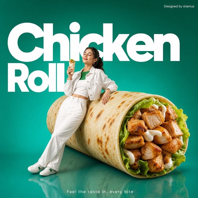 Minimalist commercial ad featuring oversized premium chicken rrolls, ultra-clean design. A young wom