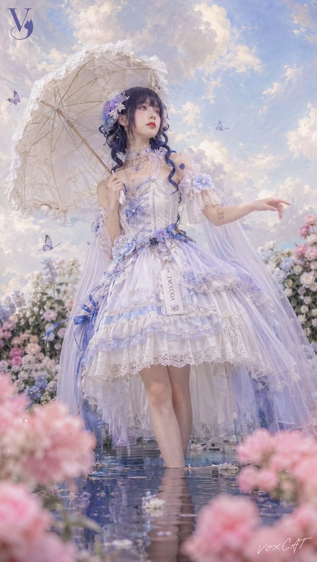 自定义角色，梦幻童话洛丽塔人像，真人写实结合柔和油画插画感，9:16 竖版，花园与浅水倒影场景，前景粉色花朵虚化，中景人物站在花丛中，背景浅蓝天空与奶油色油画云朵。角色穿浅色洛丽塔裙装，蕾丝、薄纱、雪