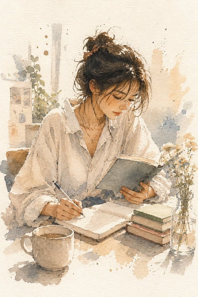A minimalist watercolor illustration of a young woman immersed in a quiet everyday moment, seated at