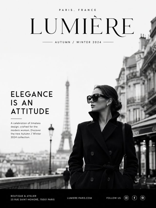 Create a premium luxury fashion advertisement in a minimalist Parisian editorial style. A sophistica