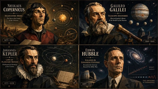 2x2 grid, do this for 4 famous astronomers and their contribution, 16:9 Style = {