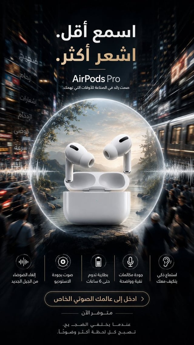 Create a premium cinematic 9:16 vertical advertising poster for Apple AirPods Pro.