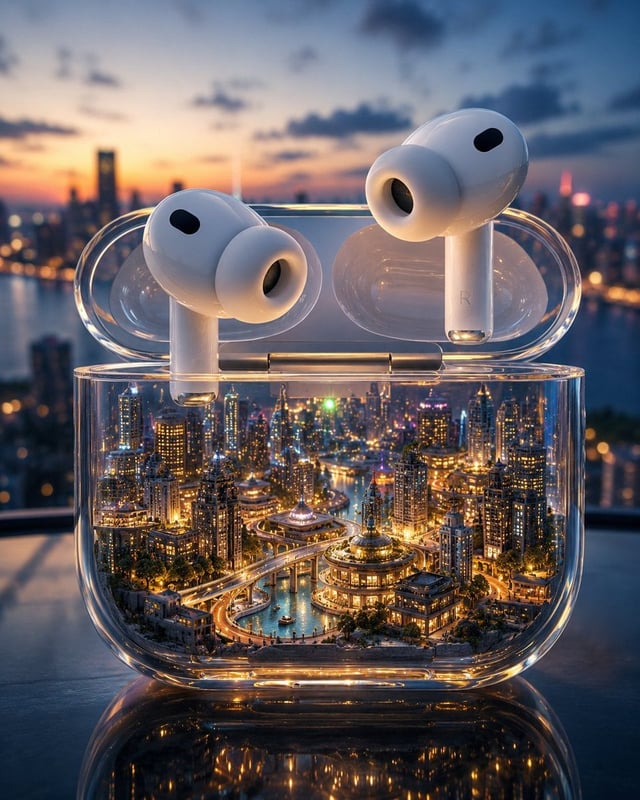 Create a premium surreal advertising scene where an entire miniature world is contained inside [Prod