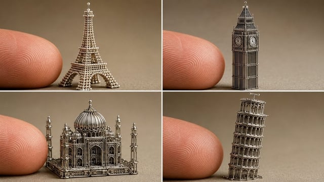 2x2 grid, 16:9, do this for 4 famous international monuments > Input = Sewing Pin Category. Identify
