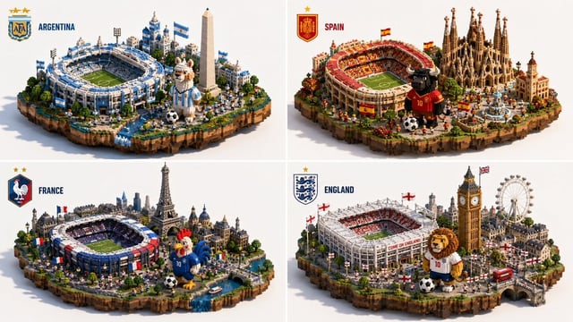 2x2 grid, do this for 4 favorites for World Cup 2026, 16:9 void main() {