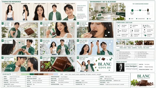 [브랜드이름] 로고가 있는 [도형]의 맛있어 보이는 초콜렛을 만드세요. [흰색]과 [에메랄드 색]의 조합, 하트 일러스트입니다. 케릭터는 이미지 1을 따르며, 의상은 이미지 2를 