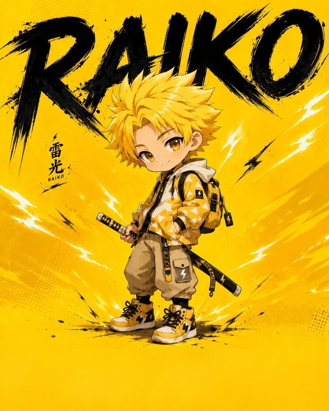 Wide chibi anime poster composition, young boy character with spiky yellow hair standing confidently