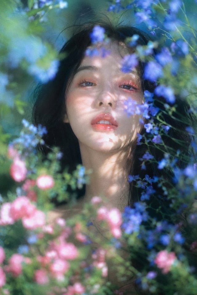 梦幻自然光花园人像，柔焦胶片质感，竖幅近距离肖像构图；年轻女性，muse般的面庞，黑色长发蓬松微乱，面部居中偏上作为主视觉，白皙偏暖象牙肤调，橘粉眼妆与水润珊瑚唇，正面安静凝视镜头，头部略抬，嘴唇轻启