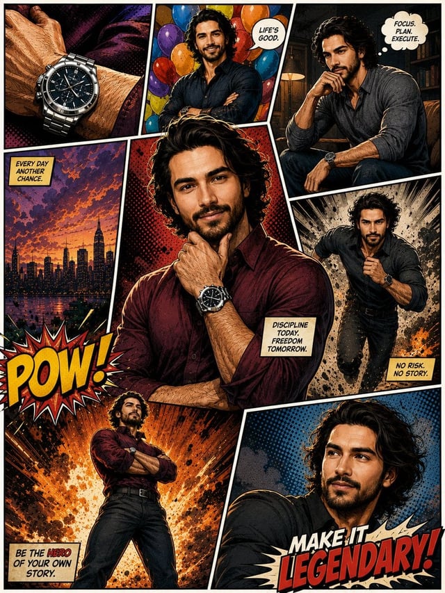 Portrait-oriented, dynamic comic-book poster composed of multiple panels featuring the same young ma