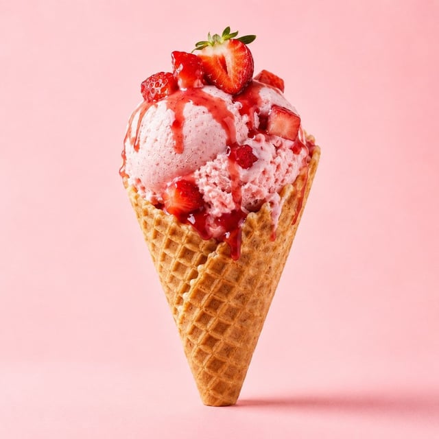 A premium dessert product photograph of a strawberry ice cream cone centered against a soft pastel p