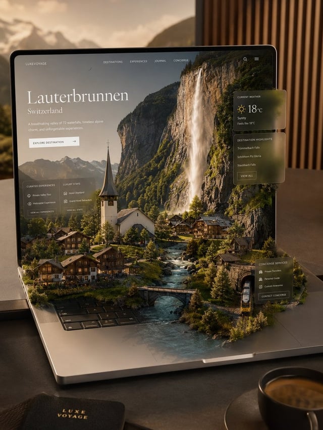Ultra-premium travel platform visualized as a miniature world emerging seamlessly from an elegant op