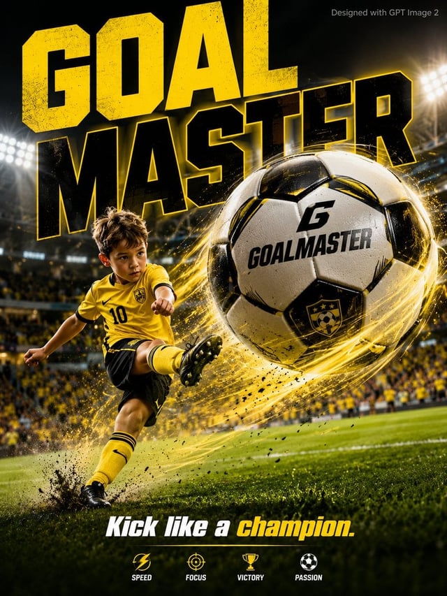 A vibrant sports advertisement poster. An energetic young boy age 9 in a bright yellow football jers