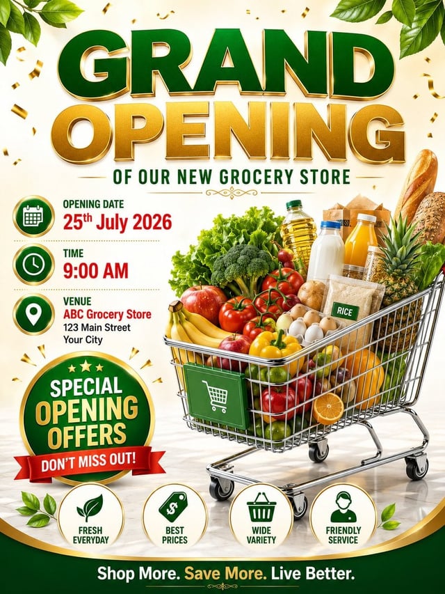 Design a premium, modern, and highly professional promotional poster for the Grand Opening of a Groc