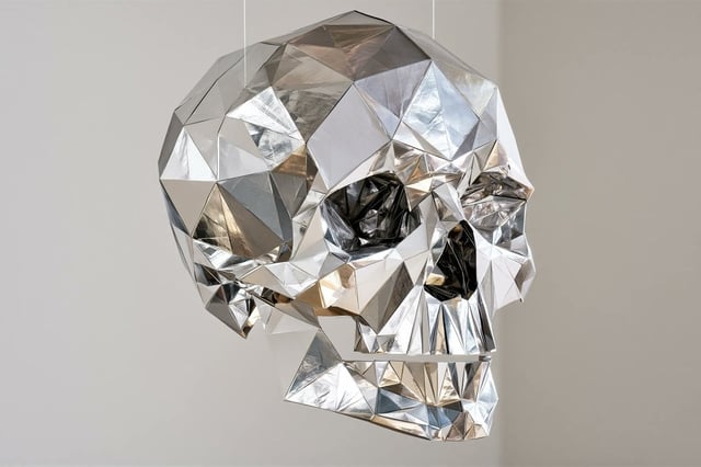A stylized sculpture of a [Subject], entirely constructed from folded metallic paper with sharp angu