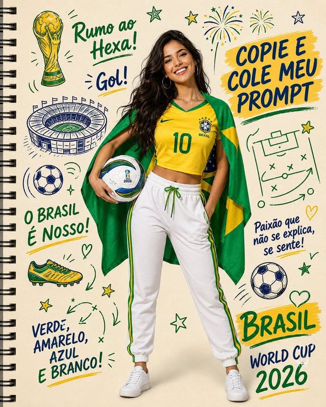 Create a vibrant spiral-bound notebook style Brazil FIFA World Cup 2026 poster featuring a completel
