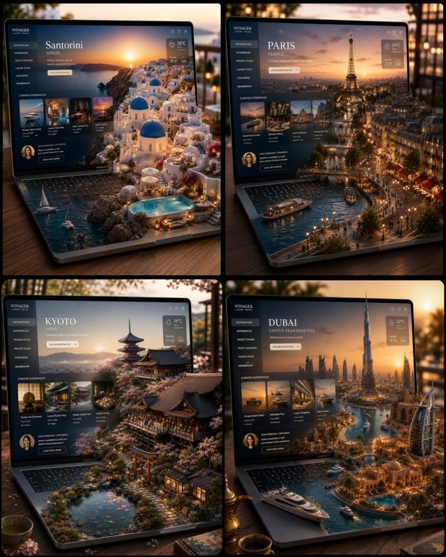 Ultra-premium travel platform visualized as a miniature world emerging seamlessly from an elegant op