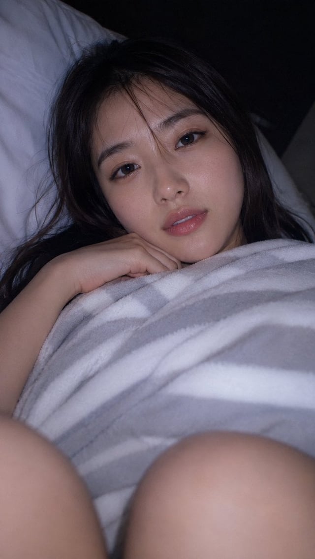 A photorealistic natural close-up bedroom selfie-style photo of a fictional 20-year-old adult Japane