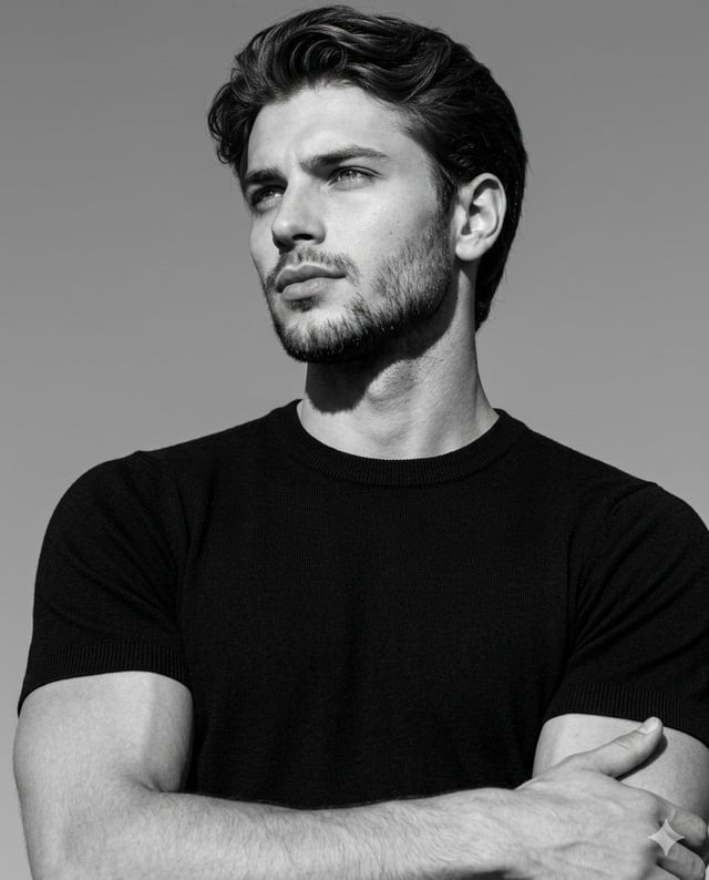 Ultra-realistic black-and-white editorial portrait, low-angle shot, 4:5 aspect ratio. The man fills 