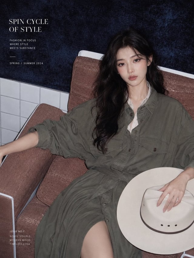 一组高级时尚杂志人像大片，年轻成熟女性，黑色长卷发，清冷淡颜，安静克制的眼神，微微慵懒但有力量感。穿军绿色宽松工装衬衫裙，腰部自然收束，搭配白色西部牛仔帽、棕色复古牛仔靴，整体是 quiet luxu