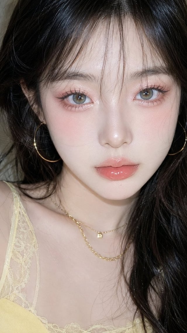 钻绒：柠檬蜜桃水光妆。底妆为冷白奶瓷肌，面中和鼻梁高提亮，皮肤亮白净透但保留真实柔焦质感。眉毛为浅灰棕柔雾眉，眉形平缓，存在感低。眼妆使用浅蜜桃粉、玫瑰粉在上眼皮和眼下轻柔晕染，眼下腮红连接卧蚕和苹果