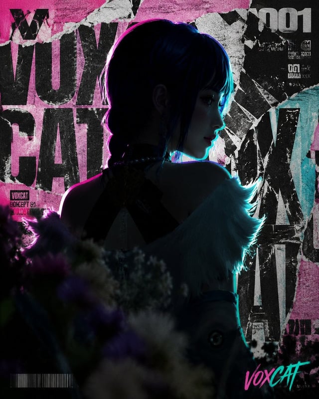 原创 VOXCAT 成年角色作为高概念科幻人物肖像，衣服吊牌写 VOXCAT，左上角 stylized V + 猫元素 logo，右下角 voxCAT 签名。画面是一层层海报墙撕贴层：粗野主义平面海报