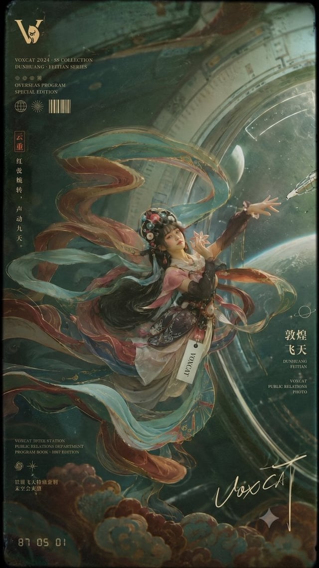 画面是一张复古未来主义太空公关照式剧场节目册封面：角色被转译成敦煌壁画飞天人物，身体与飘带形成横向 S 形，人物只占画面约 20%，大面积环境呈现矿物蓝绿、赭红、暗金细线、太空舱拱门和旧剧场纸页。整体