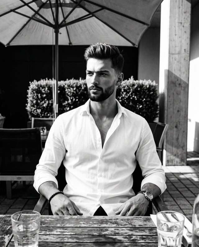 A man sits centered facing the camera with relaxed shoulders, portraying a serious, contemplative ex